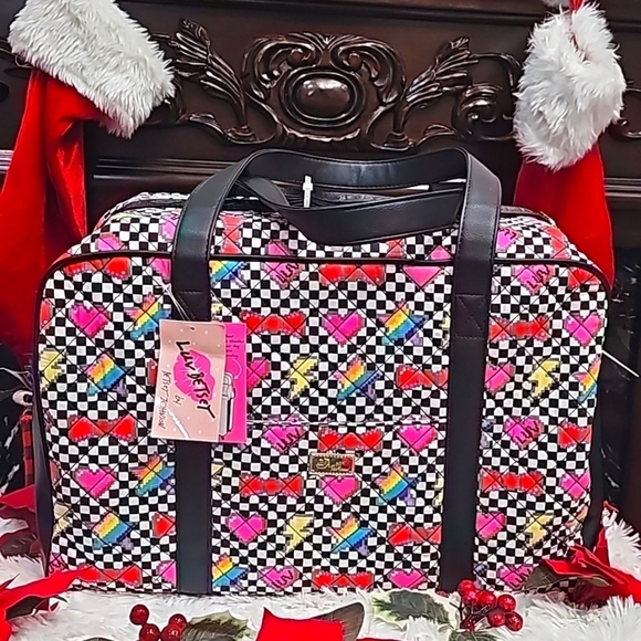 BETSEY JOHNSON BLACK/MULTICOLORED PIXEL SQUARE CLOTH LUV BETSEY WEEKENDER - Picture 2 of 6